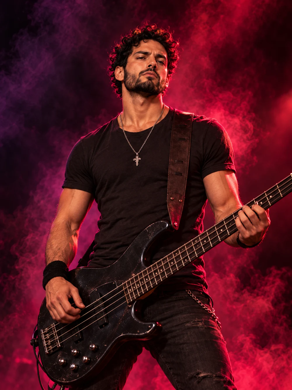 Adrian Cross, SCARFLARE's fictional bassist, with his dark electric bass